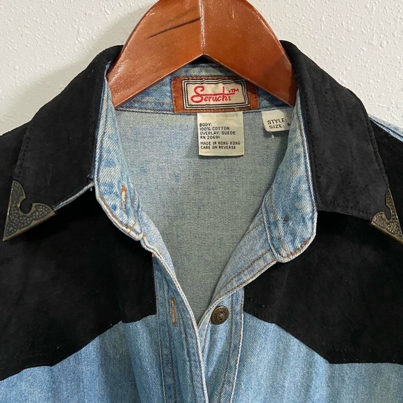 Vintage Western Denim Suede Metal Detailed Long Sleeve Button-Down Shirt - Picture 5 of 8